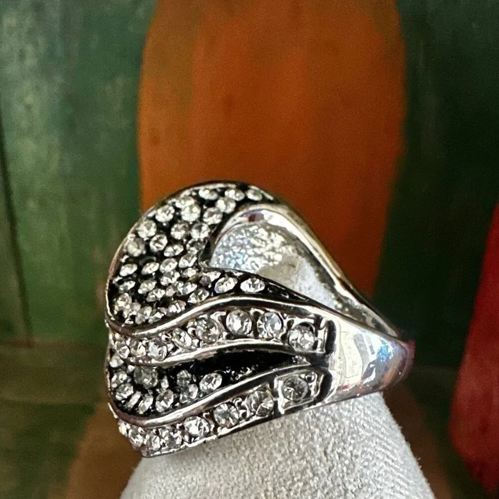 Silver-Tone Rhinestone Wave Statement Ring